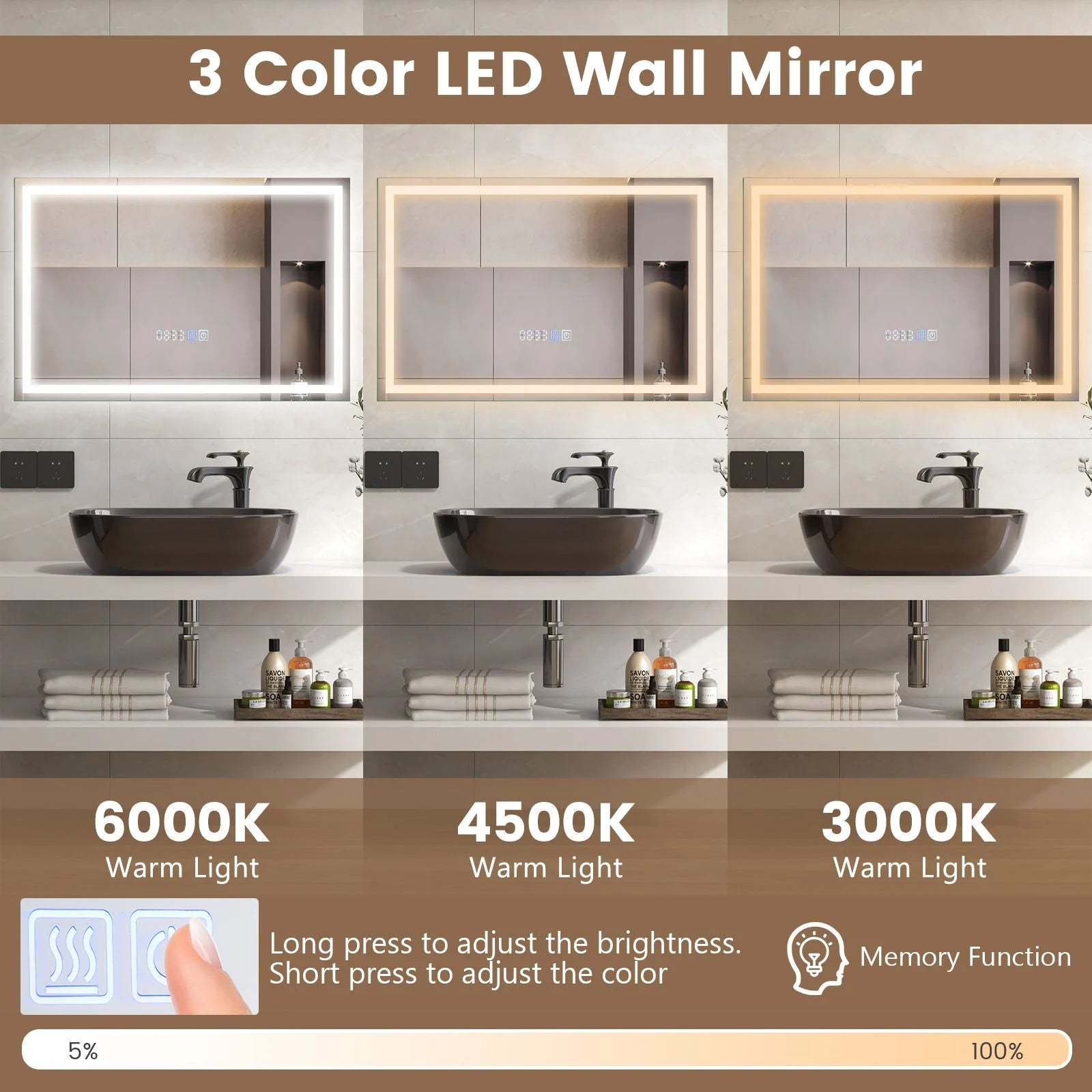 75 X 50 CM LED Wall Mounted Rectangle Mirror with 3-Color Dimmable Lights