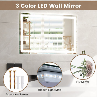75 X 50 CM LED Wall Mounted Rectangle Mirror with 3-Color Dimmable Lights