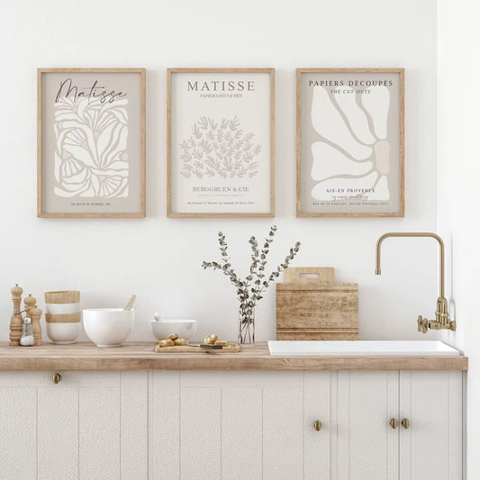 Set of 3 Bohemian Neutral Beige Matisse Canvas Wall Art Print 