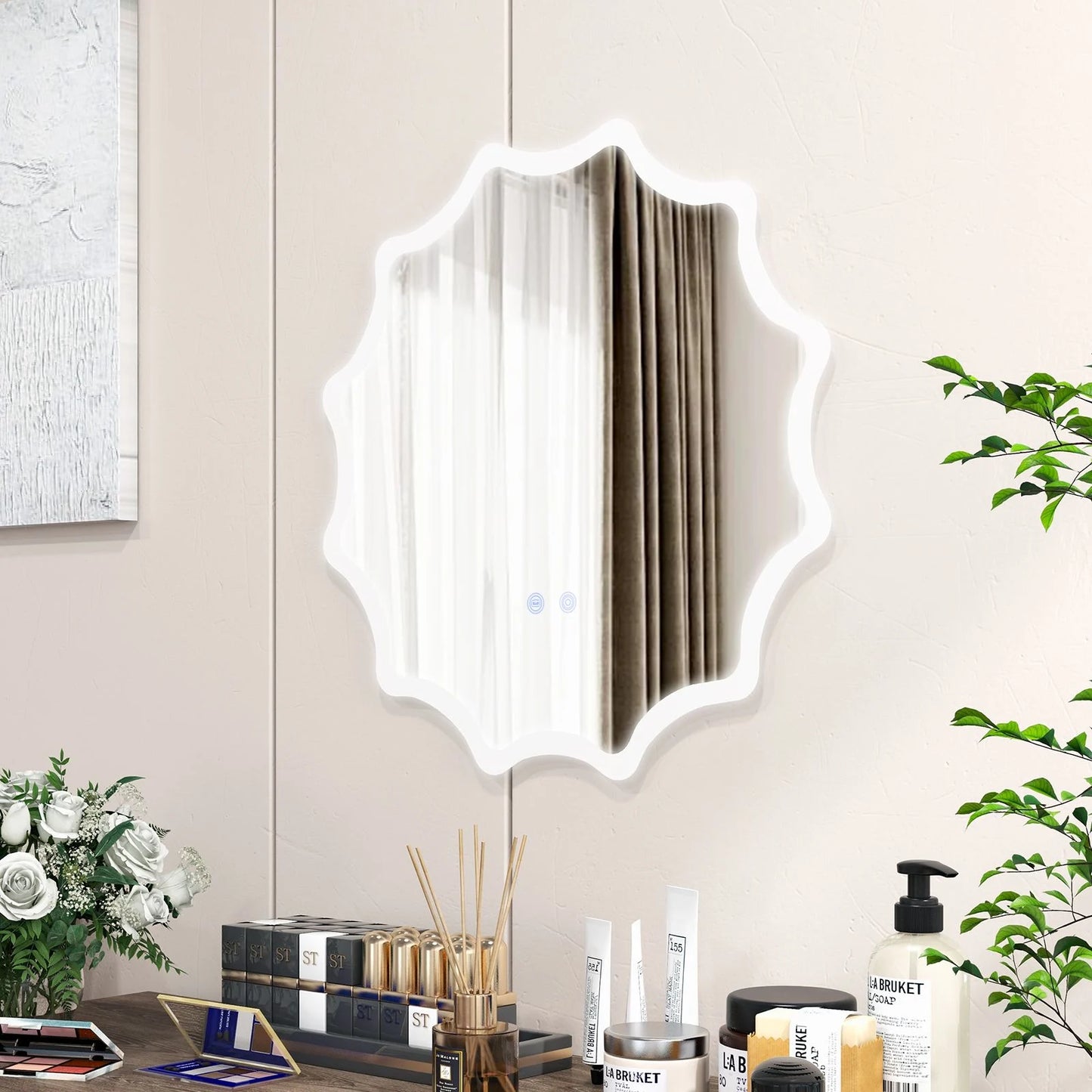 60 X 60 Cm LED Waved Edge round Wall Mirror with 3-Color Lights