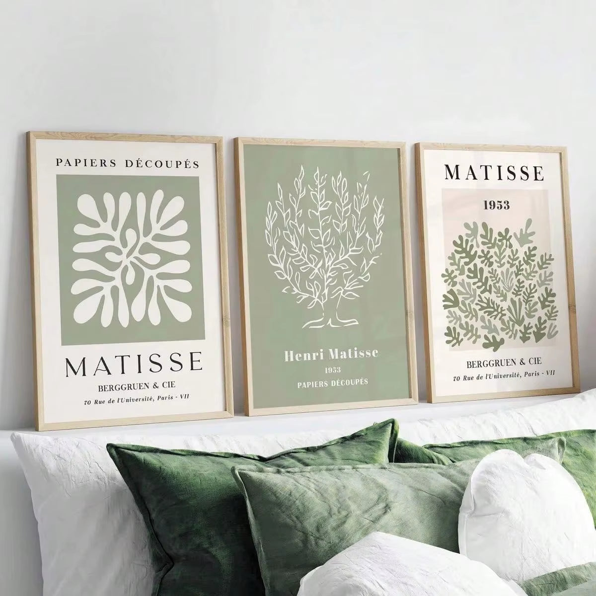 Set of 3 Sage Green Spring Flower Matisse Wall Art Canvas, Green Plant Print Poster, Bohemian Wall Art, Matisse Art Gallery Wall, Henry Matisse Print, Minimalist Modern Home Decoration, Wall Decoration, Living Room Gift, Bedroom Aesthetic Wall Art, Frameless