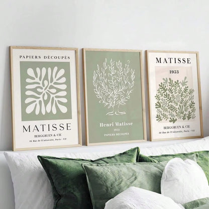 Set of 3 Sage Green Spring Flower Matisse Wall Art Canvas, Green Plant Print Poster, Bohemian Wall Art, Matisse Art Gallery Wall, Henry Matisse Print, Minimalist Modern Home Decoration, Wall Decoration, Living Room Gift, Bedroom Aesthetic Wall Art, Frameless