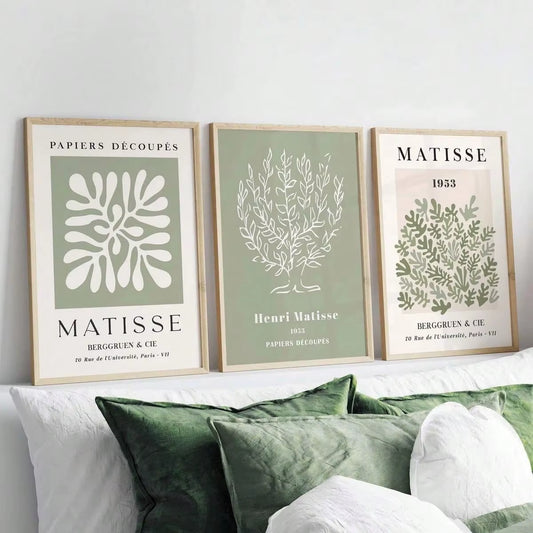 Set of 3 Sage Green Spring Flower Matisse Wall Art Canvas, Green Plant Print Poster, Bohemian Wall Art, Matisse Art Gallery Wall, Henry Matisse Print, Minimalist Modern Home Decoration, Wall Decoration, Living Room Gift, Bedroom Aesthetic Wall Art, Frameless