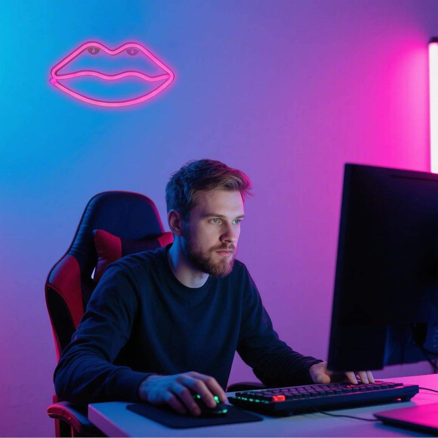 LED Lips Neon Light Sign Wall Light Battery/Usb Operated Light Blue Art Decorative Neon Lights Signs for Walls Light up Signs for Bedroom Walls Party(Pink)