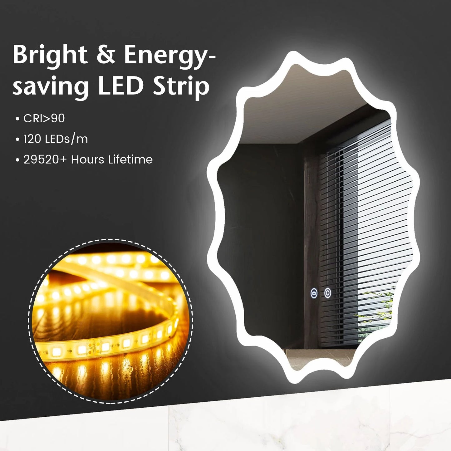 60 X 60 Cm LED Waved Edge round Wall Mirror with 3-Color Lights