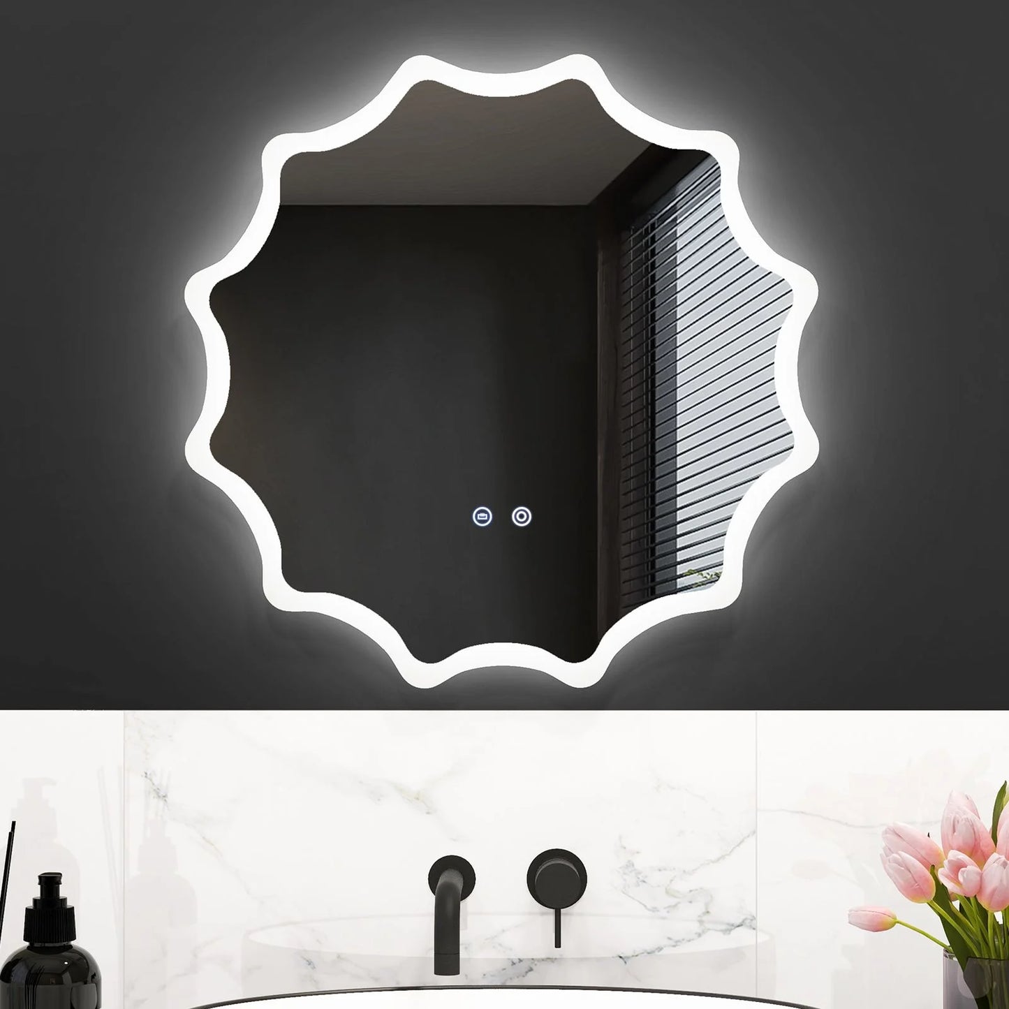 60 X 60 Cm LED Waved Edge round Wall Mirror with 3-Color Lights