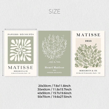 Set of 3 Sage Green Spring Flower Matisse Wall Art Canvas, Green Plant Print Poster, Bohemian Wall Art, Matisse Art Gallery Wall, Henry Matisse Print, Minimalist Modern Home Decoration, Wall Decoration, Living Room Gift, Bedroom Aesthetic Wall Art, Frameless