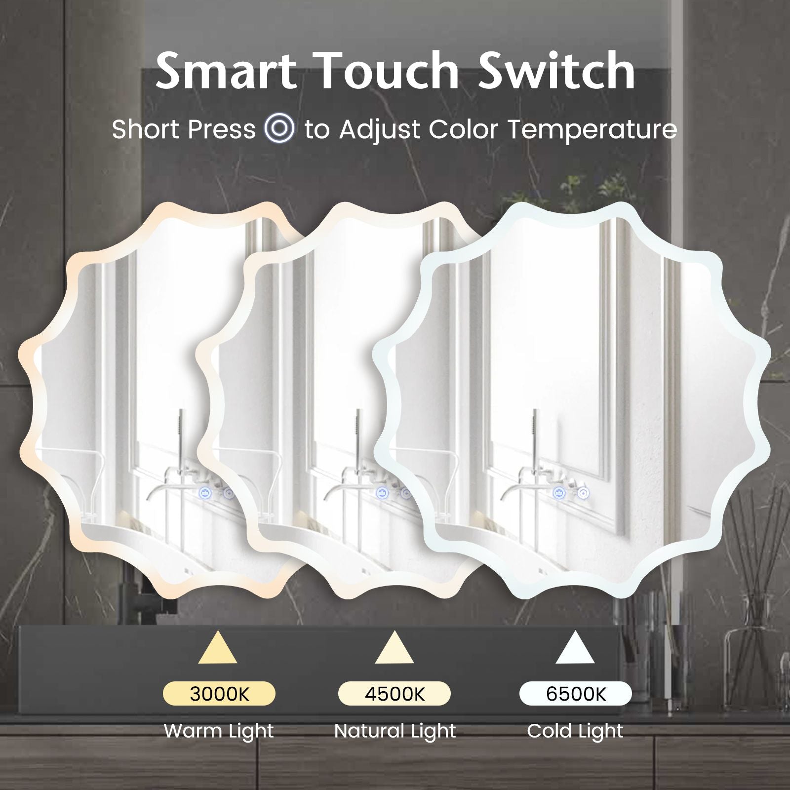 60 X 60 Cm LED Waved Edge round Wall Mirror with 3-Color Lights