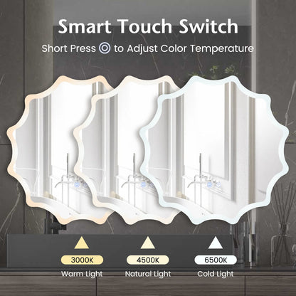 60 X 60 Cm LED Waved Edge round Wall Mirror with 3-Color Lights