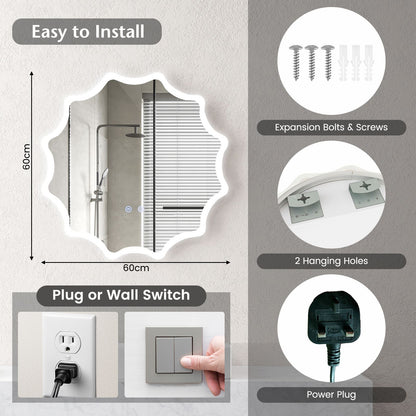 60 X 60 Cm LED Waved Edge round Wall Mirror with 3-Color Lights