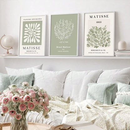 Set of 3 Sage Green Spring Flower Matisse Wall Art Canvas, Green Plant Print Poster, Bohemian Wall Art, Matisse Art Gallery Wall, Henry Matisse Print, Minimalist Modern Home Decoration, Wall Decoration, Living Room Gift, Bedroom Aesthetic Wall Art, Frameless