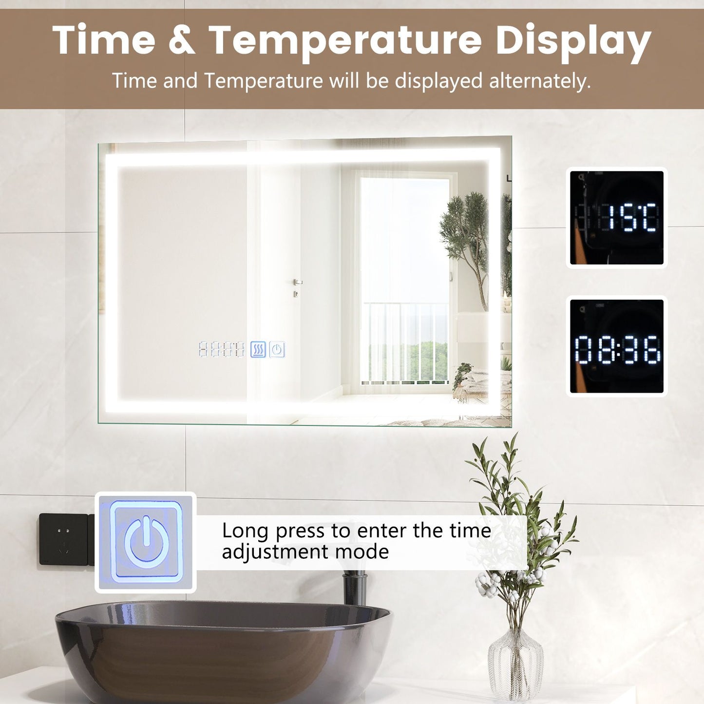 75 X 50 CM LED Wall Mounted Rectangle Mirror with 3-Color Dimmable Lights