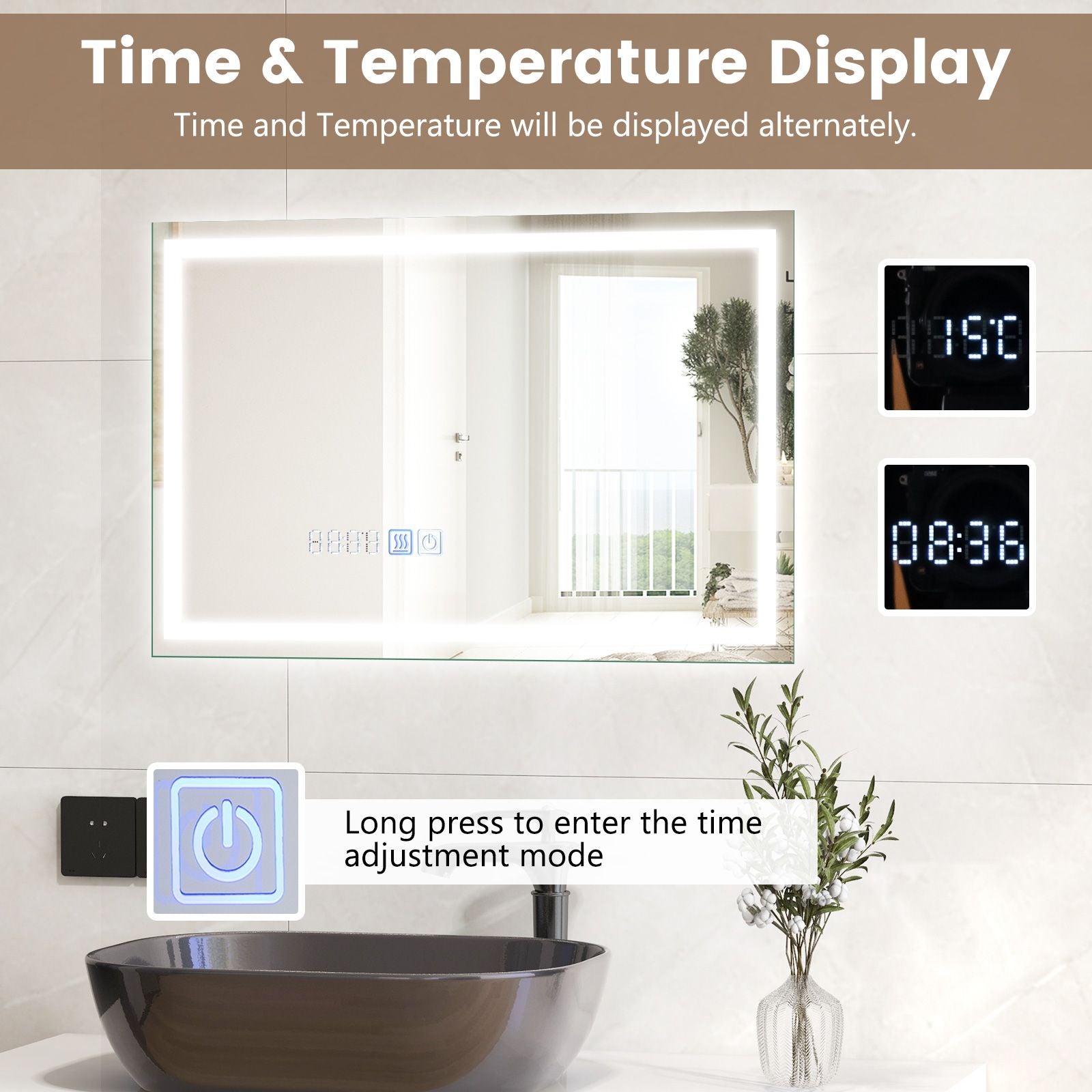 75 X 50 CM LED Wall Mounted Rectangle Mirror with 3-Color Dimmable Lights