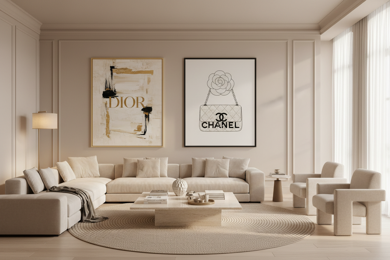 please creative a modern image of a living room. Please put dior, chanel and other designer paintings on the walls and make the colours beige 